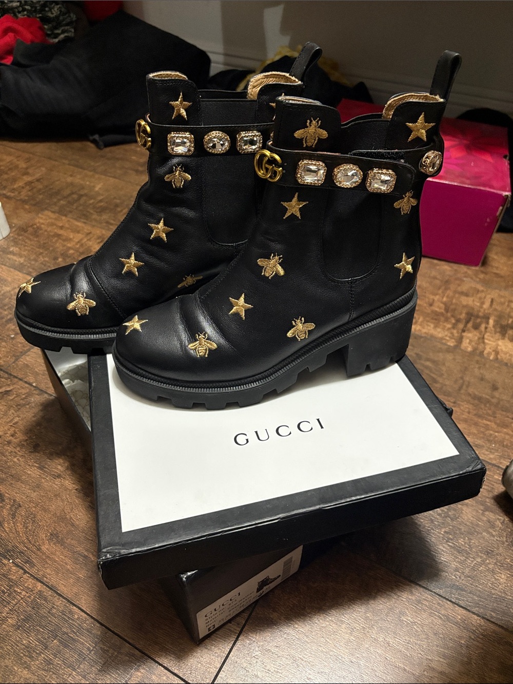 Gucci like Black Leather Ankle Boots with Gold Bee & Star Embroidery